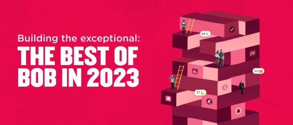 building exceptional achievements in 2023 with colorful blocks and figures on a vibrant background, visual representation of success metrics and teamwork